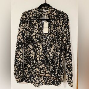 Pleione Black and Cream Wrap Blouse NWT
